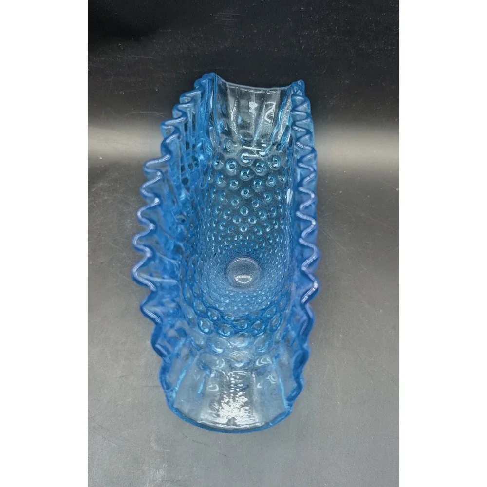 Vintage Empoli Italian Blue Hobnail Glass Fan Vase Ruffled Rim Pedestal 7